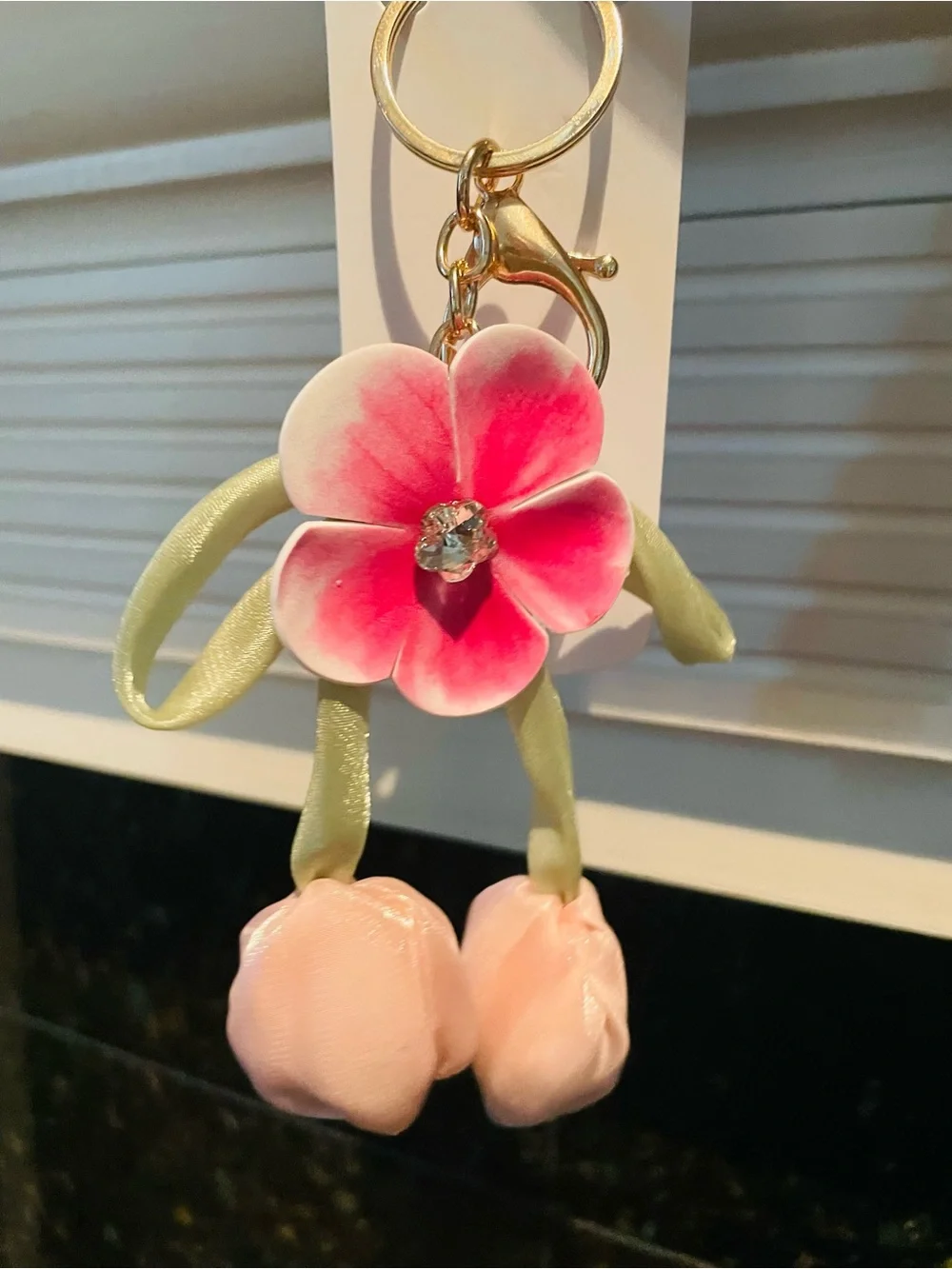 Mint Pink Flower Key & Card Holder Charm with Pale Green Accents